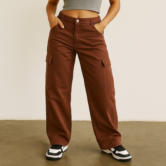 Broadway 38‎ Brown Cargo Jeans Size 16 Utility Workwear Y2K Minimalist Baggy - Picture 1 of 10